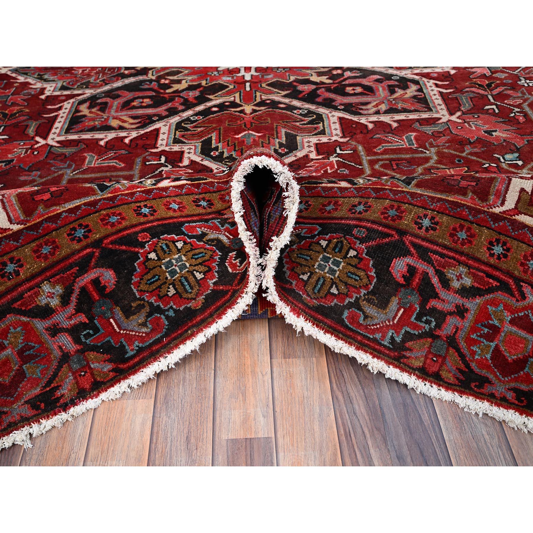 Hand-Knotted Red Hand Knotted Evenly Worn Wool  Vintage Persian Heriz Abrash Rustic Look Rug For Sale