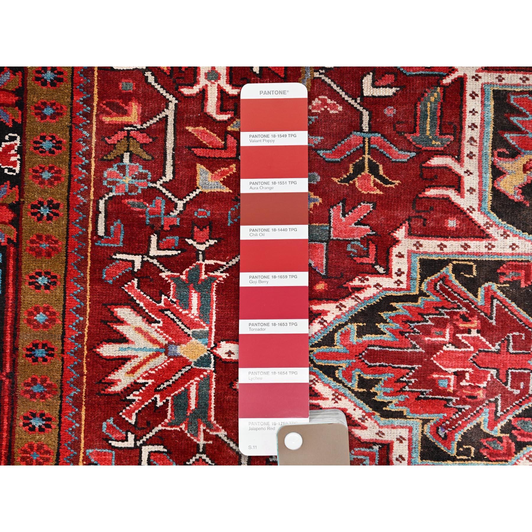 Mid-20th Century Red Hand Knotted Evenly Worn Wool  Vintage Persian Heriz Abrash Rustic Look Rug For Sale
