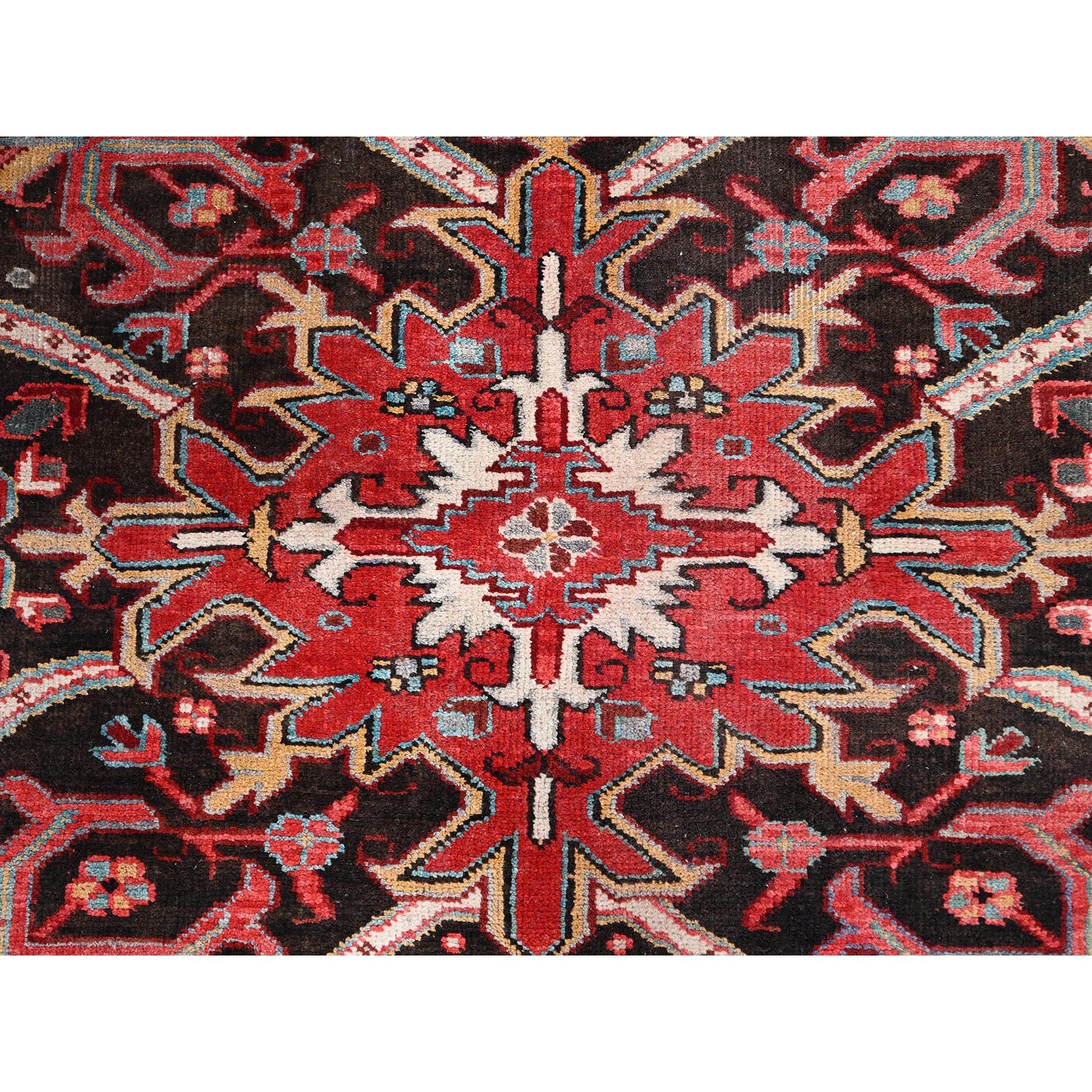 Red Hand Knotted Evenly Worn Wool  Vintage Persian Heriz Abrash Rustic Look Rug For Sale 1