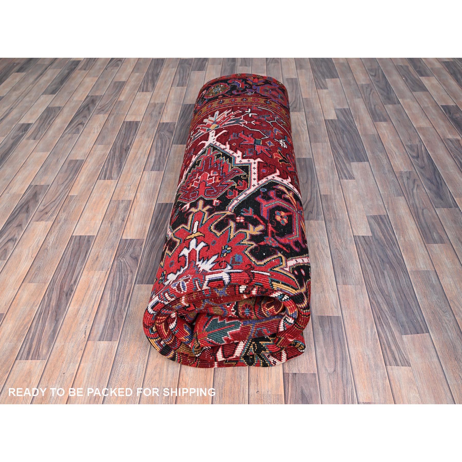 Red Hand Knotted Evenly Worn Wool  Vintage Persian Heriz Abrash Rustic Look Rug For Sale 2
