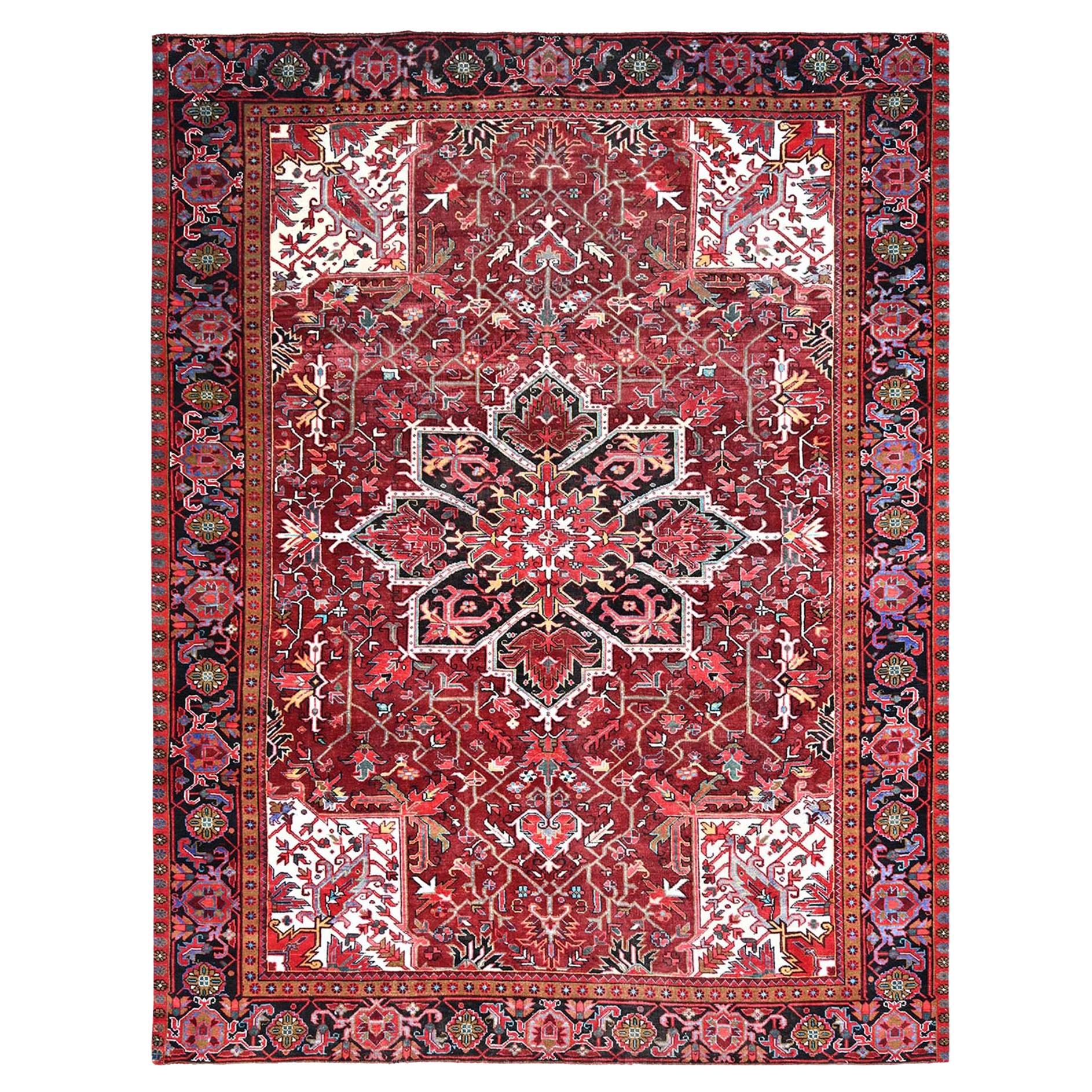 Red Hand Knotted Evenly Worn Wool  Vintage Persian Heriz Abrash Rustic Look Rug For Sale