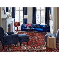 Red Hand Knotted Old Bohemian Persian Heriz Large Rustic Look Wool Cleaned Rug