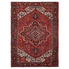 Vintage Red Hand Knotted Old Bohemian Persian Heriz Large Rustic Look Wool Cleaned Rug