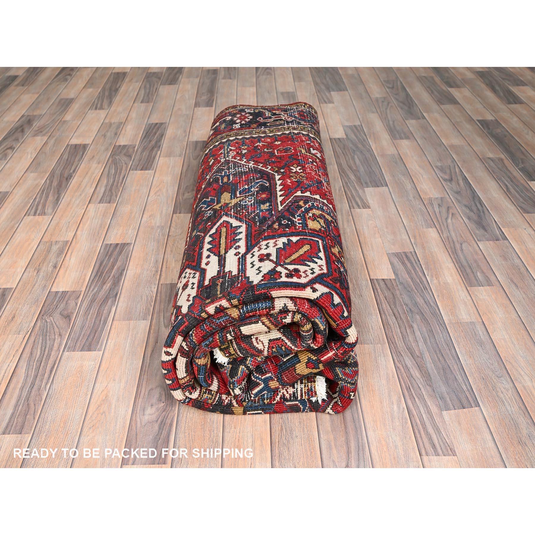 Red Hand Knotted Old Bohemian Persian Heriz Rustic Feel Worn Wool Cleaned Rug For Sale 5