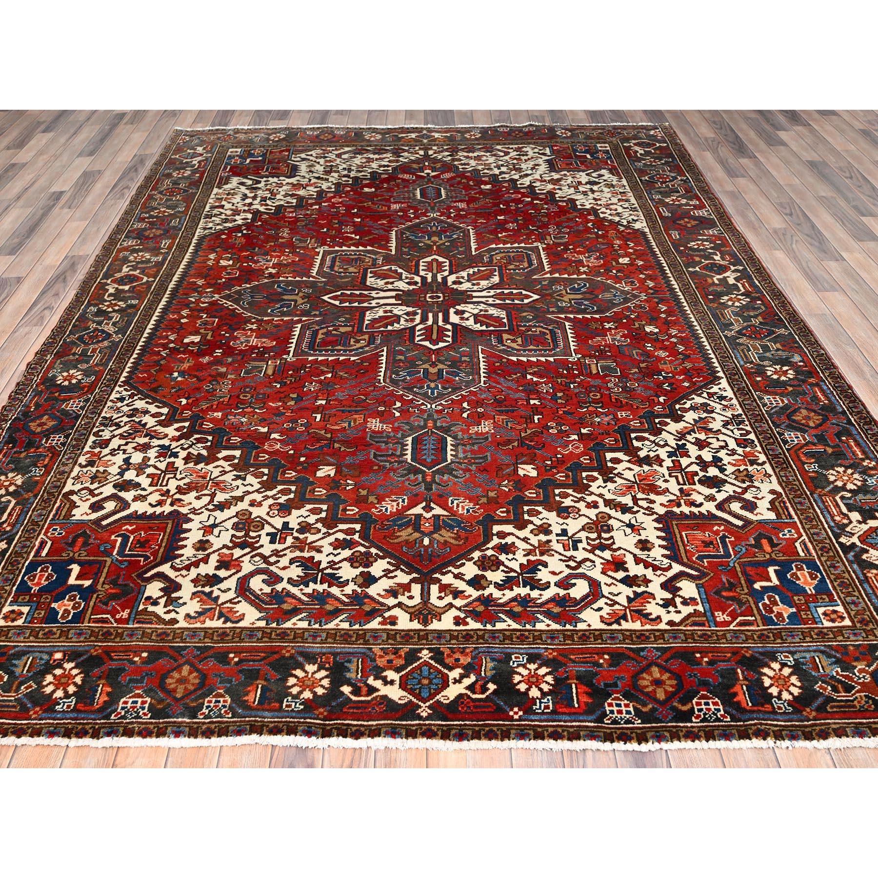 Hand-Knotted Red Hand Knotted Old Bohemian Persian Heriz Rustic Feel Worn Wool Cleaned Rug For Sale