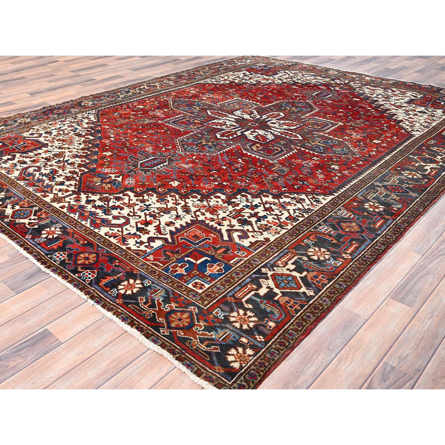 Red Hand Knotted Old Bohemian Persian Heriz Rustic Feel Worn Wool Cleaned Rug In Good Condition For Sale In Carlstadt, NJ