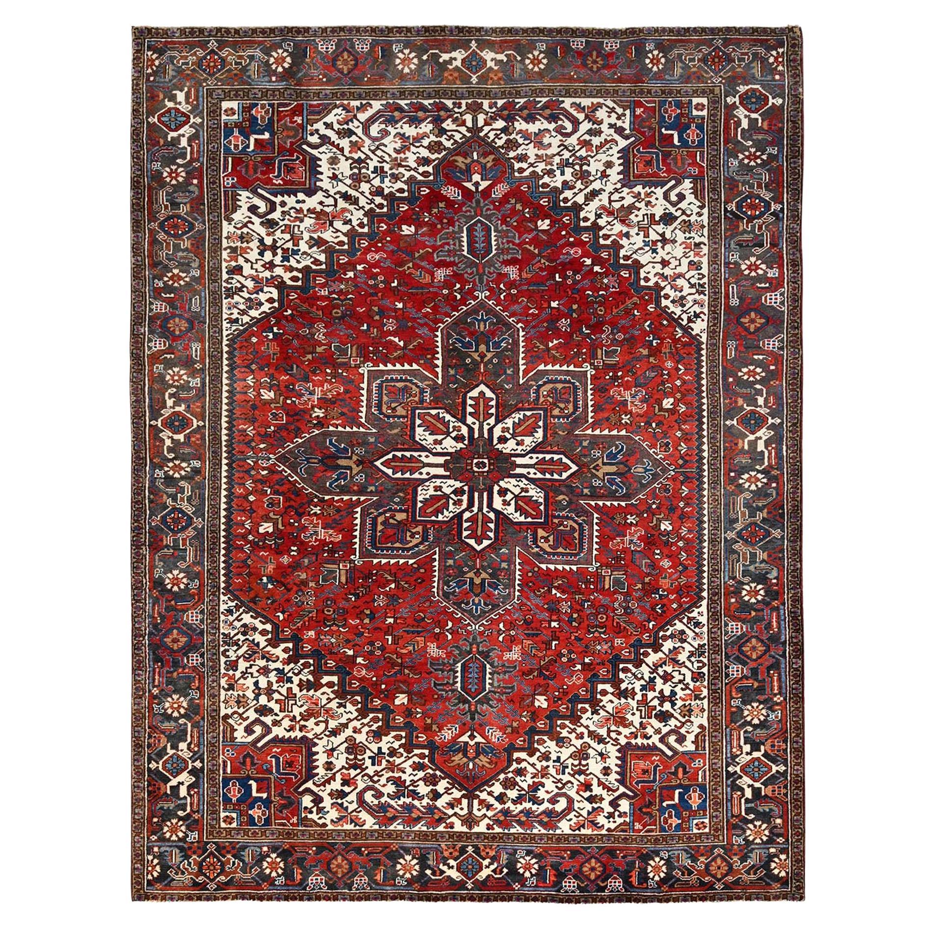 Red Hand Knotted Old Bohemian Persian Heriz Rustic Feel Worn Wool Cleaned Rug For Sale