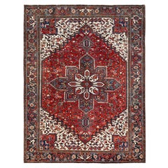 Red Hand Knotted Old Bohemian Persian Heriz Rustic Feel Worn Wool Cleaned Rug