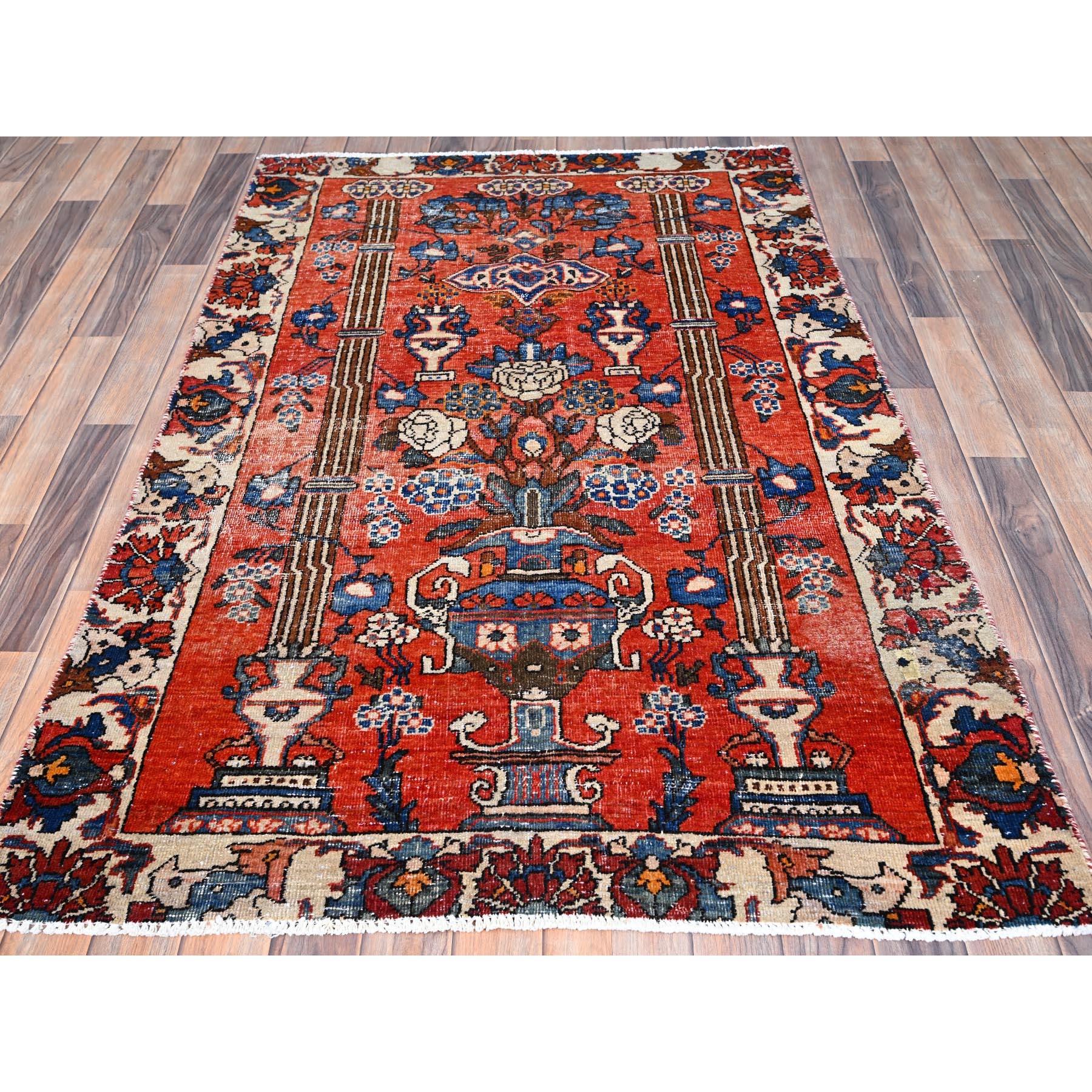 Medieval Red Hand Knotted Old Persian Bakhtiari Professionally Cleaned Soft Wool Rug For Sale