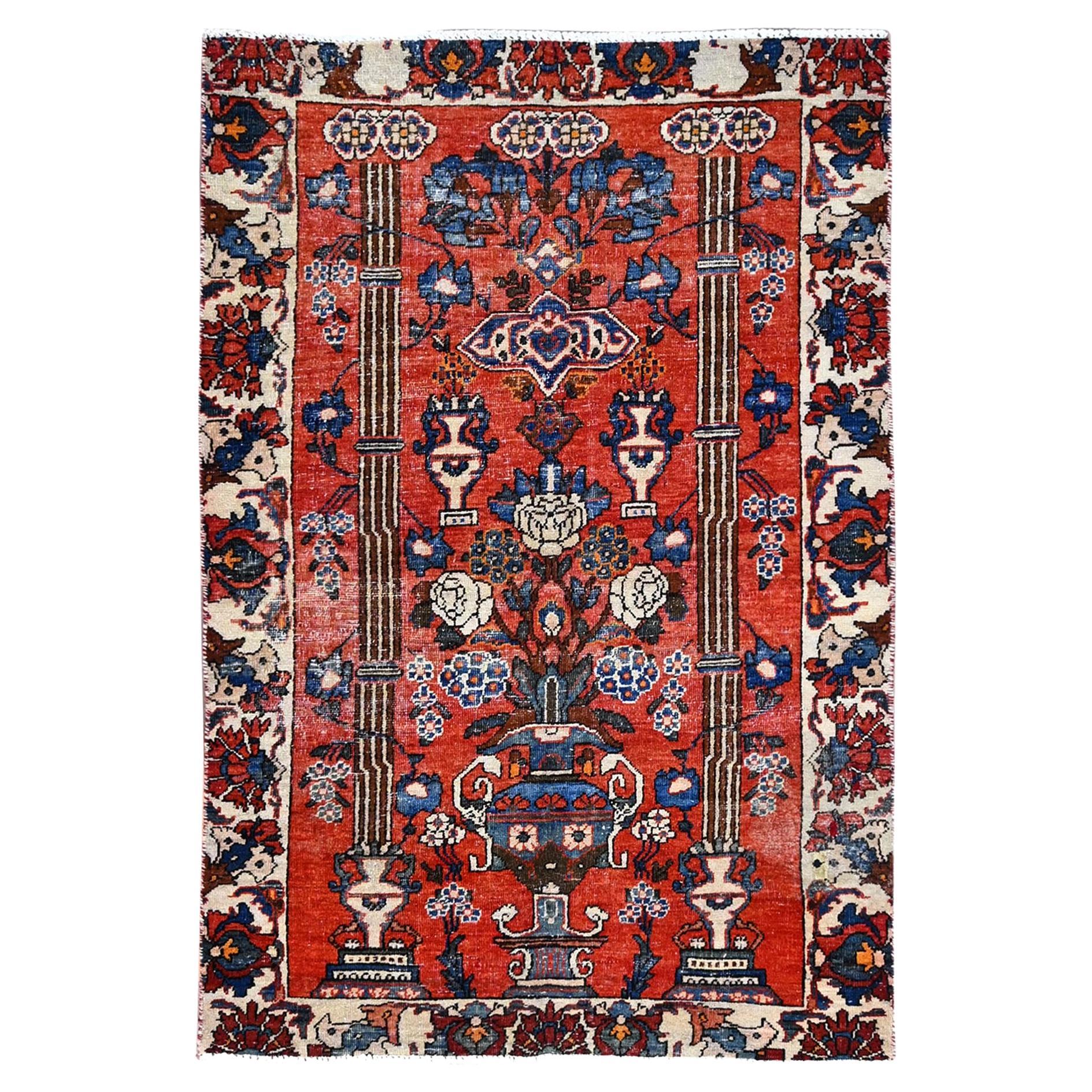 Red Hand Knotted Old Persian Bakhtiari Professionally Cleaned Soft Wool Rug For Sale