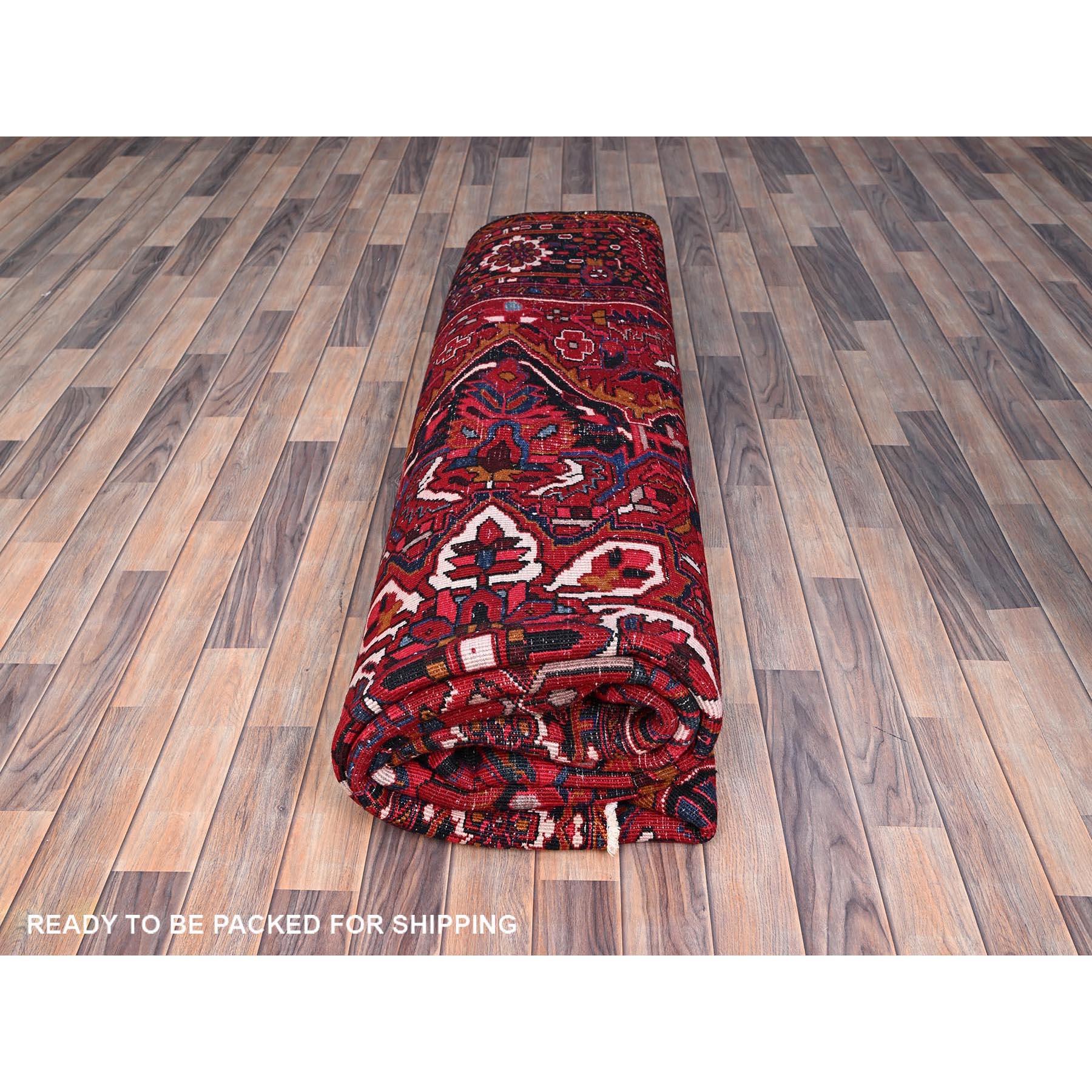 Red Hand Knotted Persian Vintage Heriz Shiny Pure Wool Sheared Low Clean Rug For Sale 4