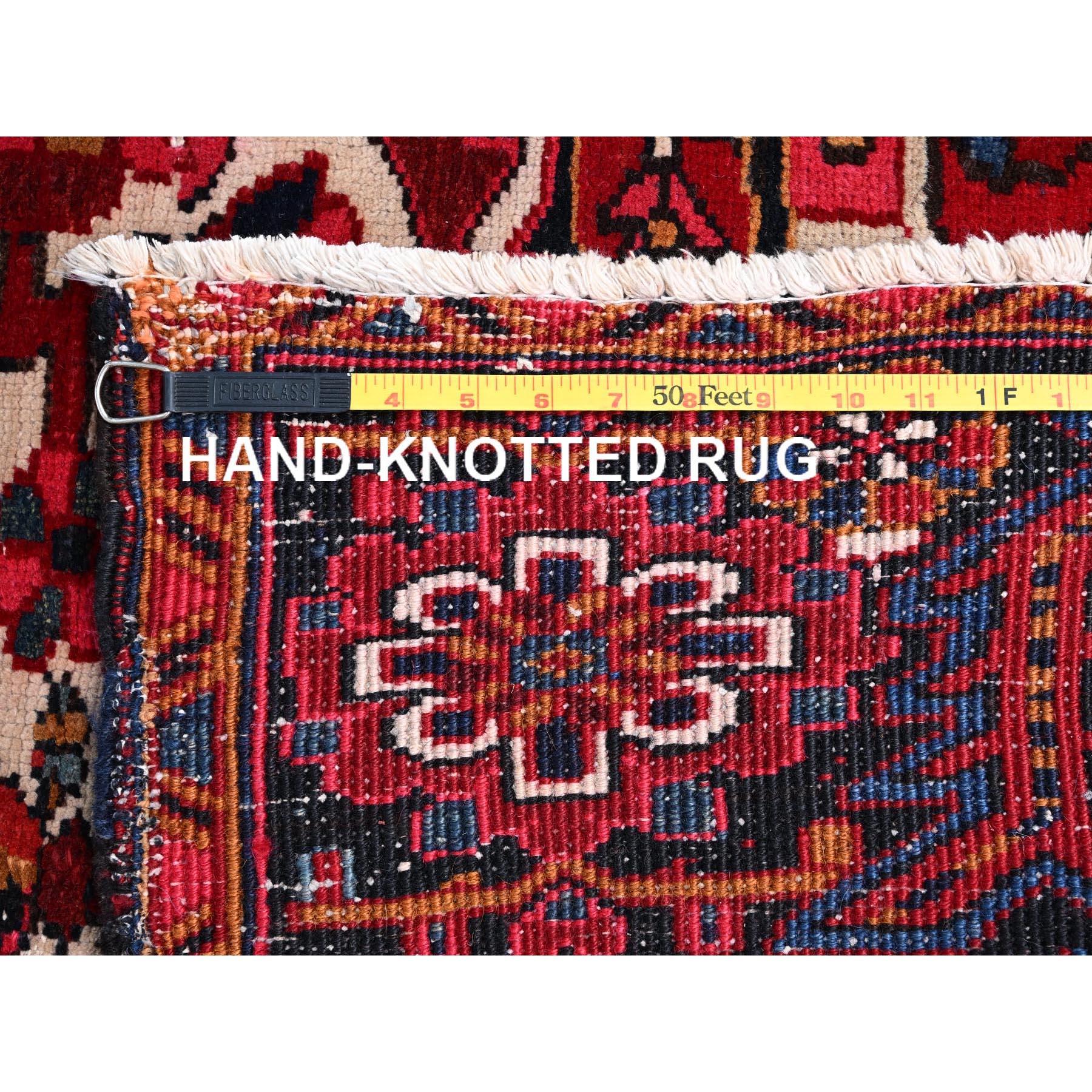 Red Hand Knotted Persian Vintage Heriz Shiny Pure Wool Sheared Low Clean Rug For Sale 6