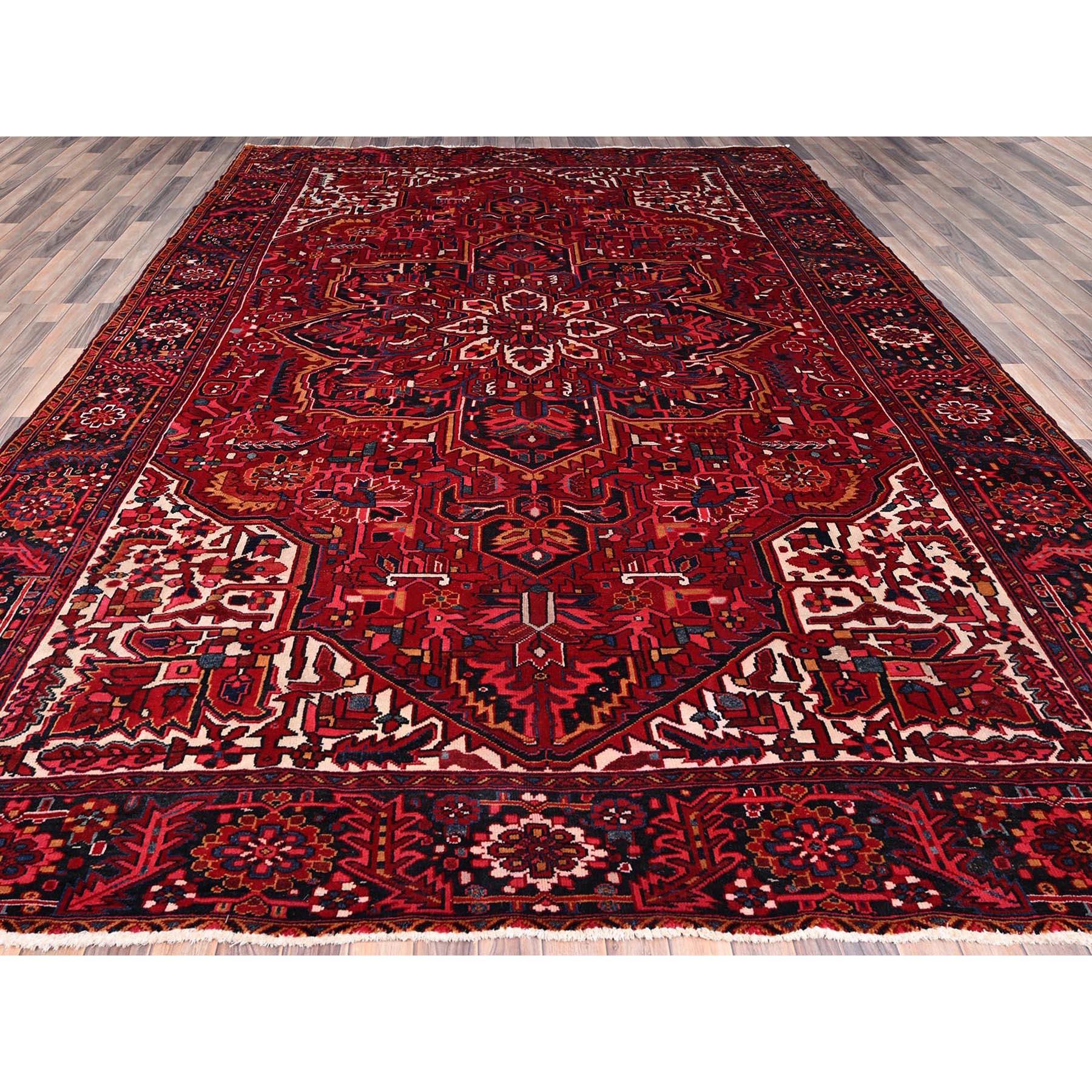 Medieval Red Hand Knotted Persian Vintage Heriz Shiny Pure Wool Sheared Low Clean Rug For Sale