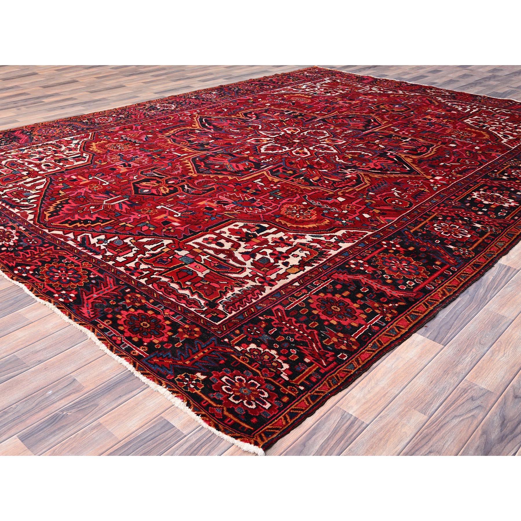 Hand-Knotted Red Hand Knotted Persian Vintage Heriz Shiny Pure Wool Sheared Low Clean Rug For Sale