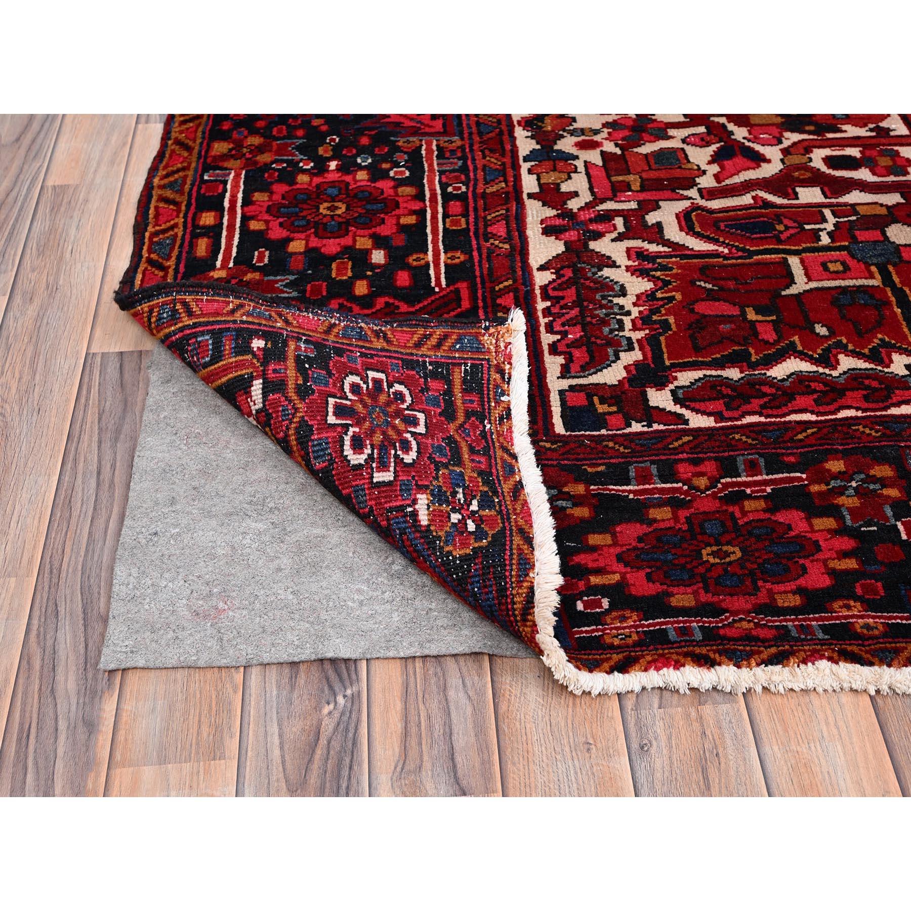 Red Hand Knotted Persian Vintage Heriz Shiny Pure Wool Sheared Low Clean Rug In Excellent Condition For Sale In Carlstadt, NJ