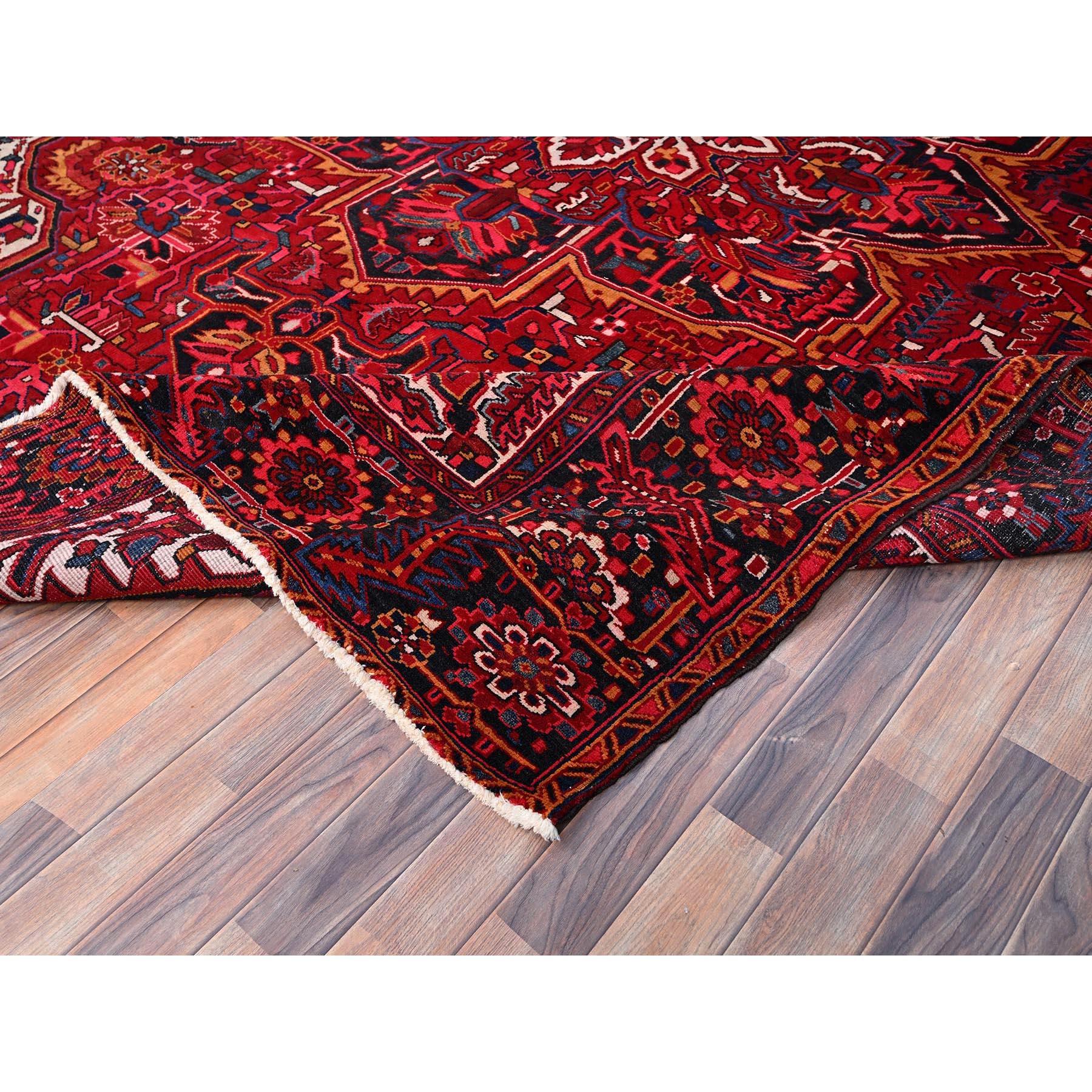 Red Hand Knotted Persian Vintage Heriz Shiny Pure Wool Sheared Low Clean Rug For Sale 1
