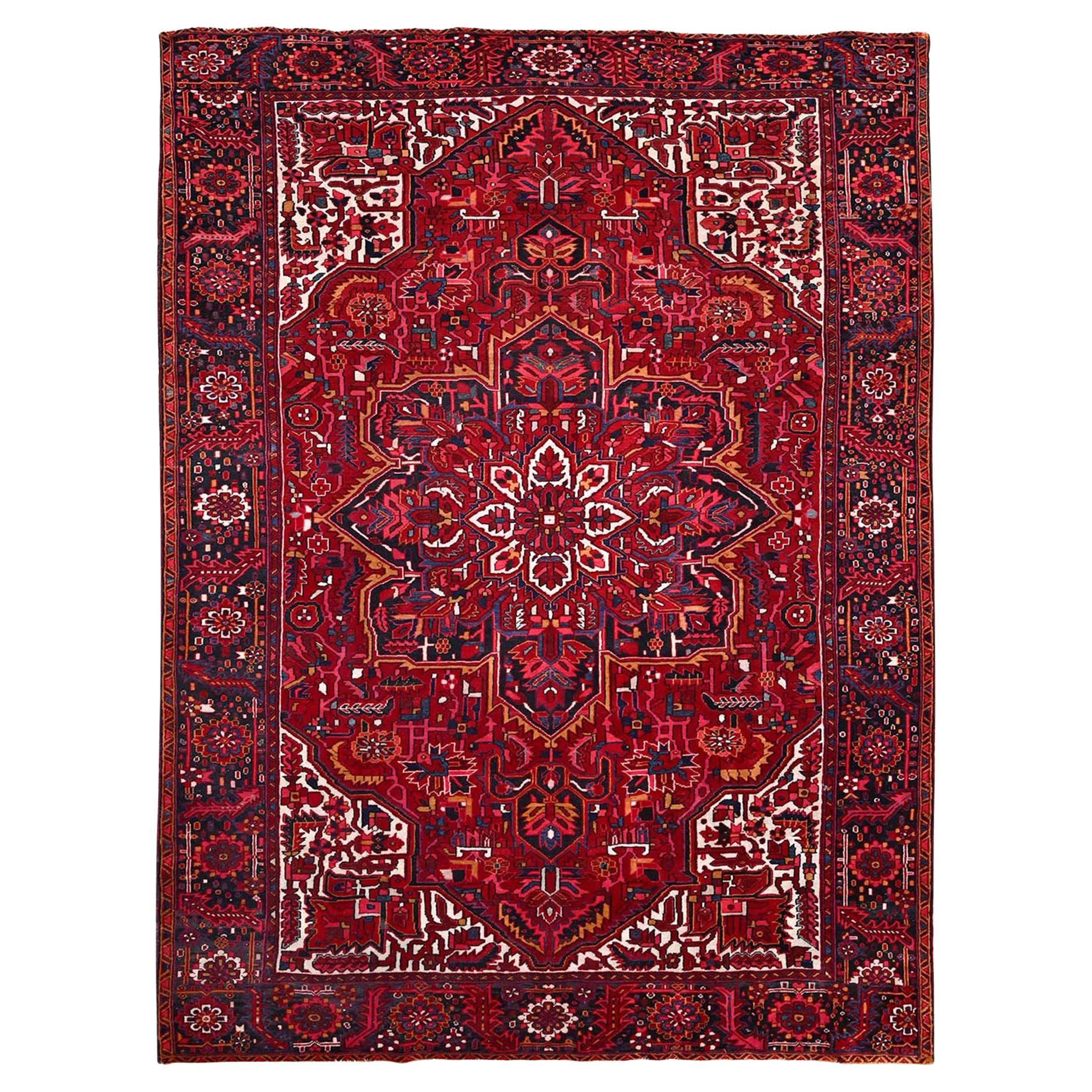 Red Hand Knotted Persian Vintage Heriz Shiny Pure Wool Sheared Low Clean Rug For Sale