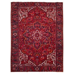 Red Hand Knotted Persian Vintage Heriz Shiny Pure Wool Sheared Low Clean Rug