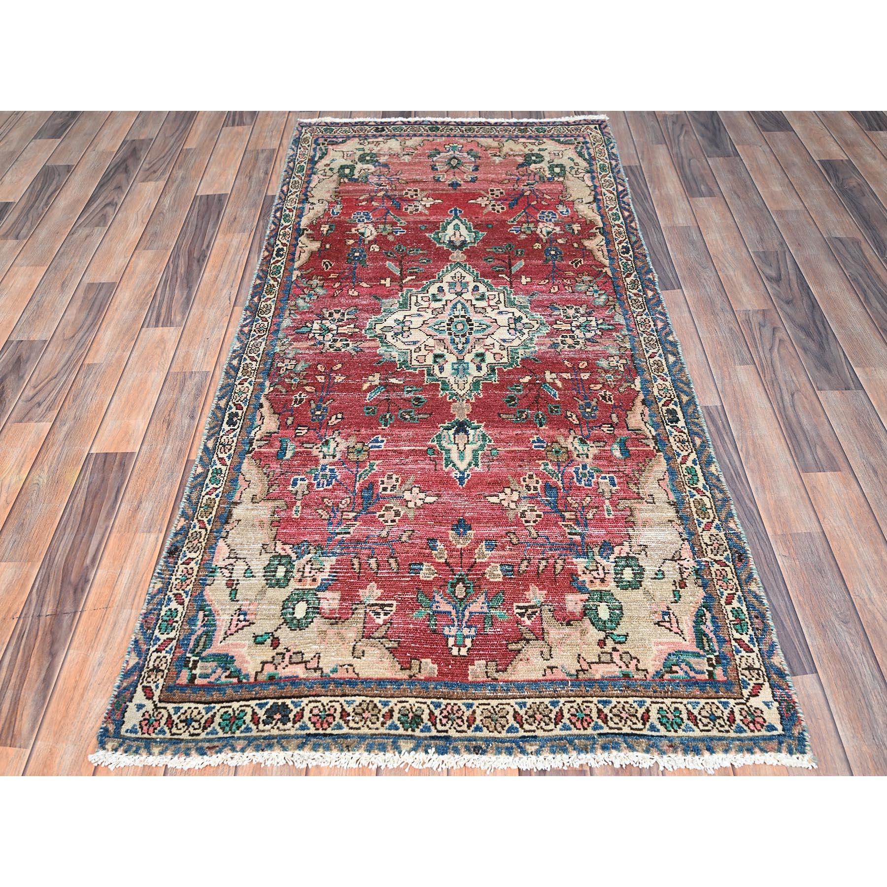 Medieval Red Hand Knotted Pure Wool Clean Vintage Persian Bibikabad Abrash Runner Rug For Sale