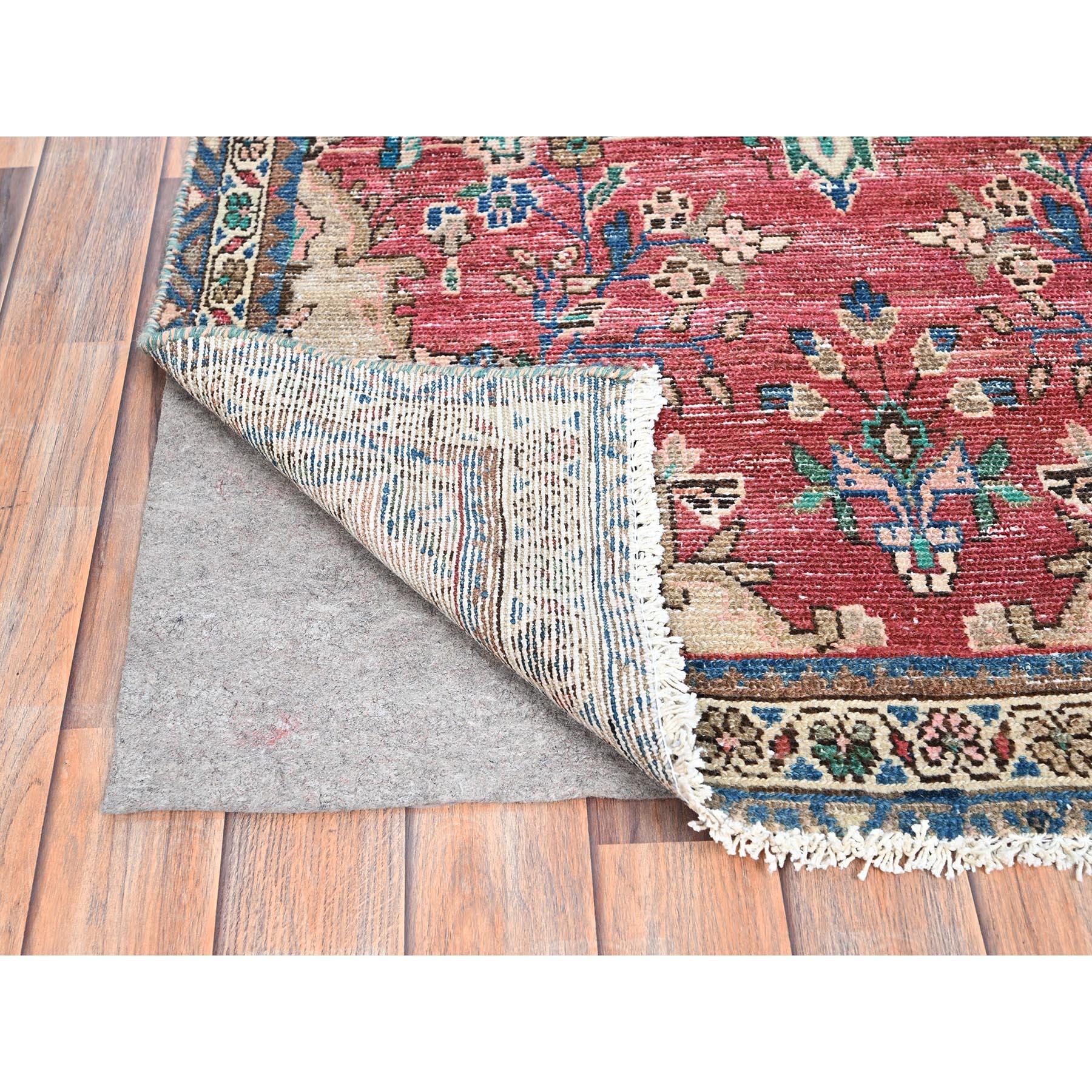 Hand-Knotted Red Hand Knotted Pure Wool Clean Vintage Persian Bibikabad Abrash Runner Rug For Sale