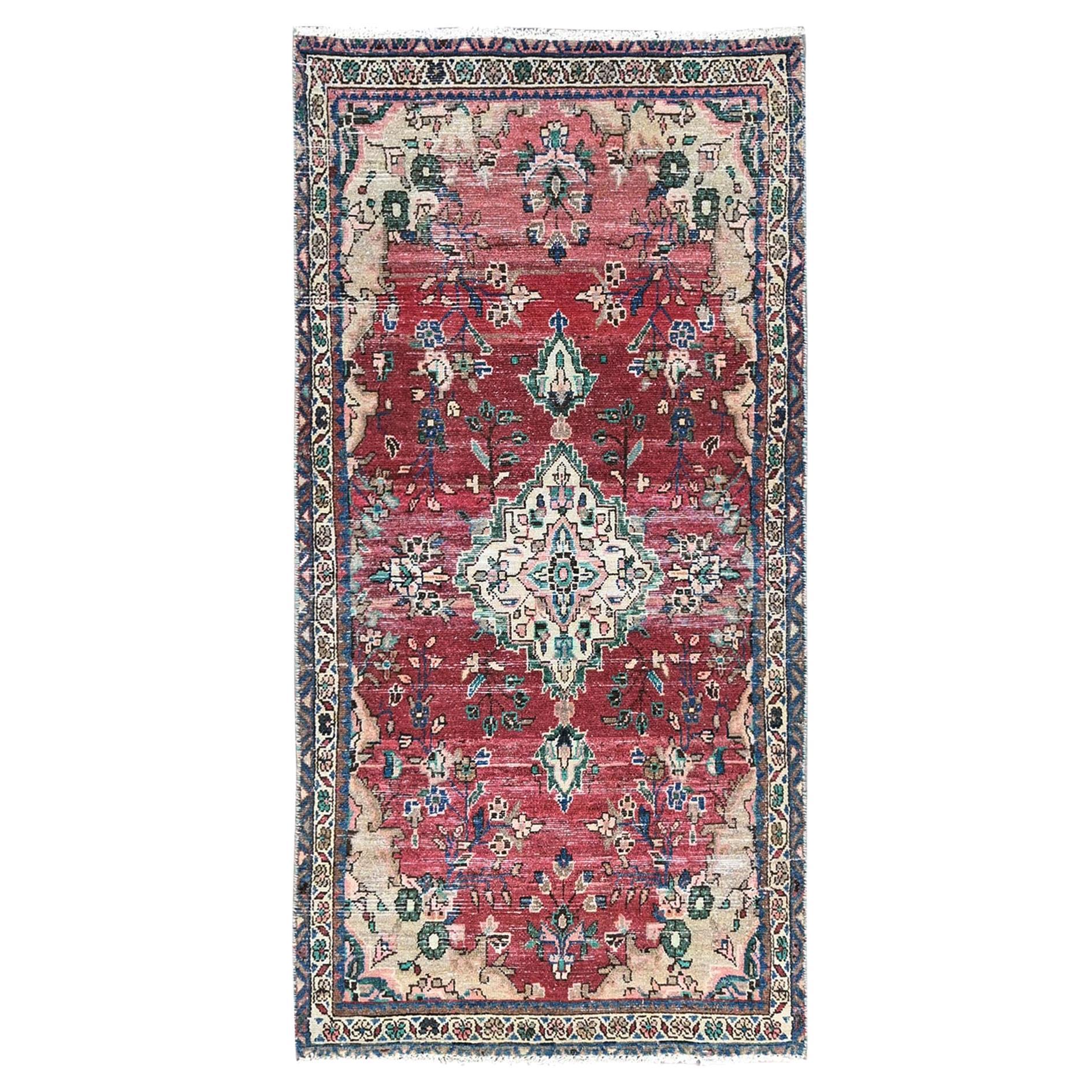 Red Hand Knotted Pure Wool Clean Vintage Persian Bibikabad Abrash Runner Rug For Sale