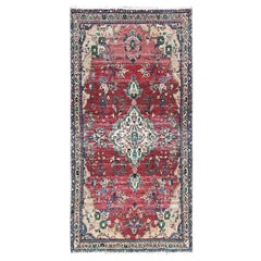 Red Hand Knotted Pure Wool Clean Vintage Persian Bibikabad Abrash Runner Rug