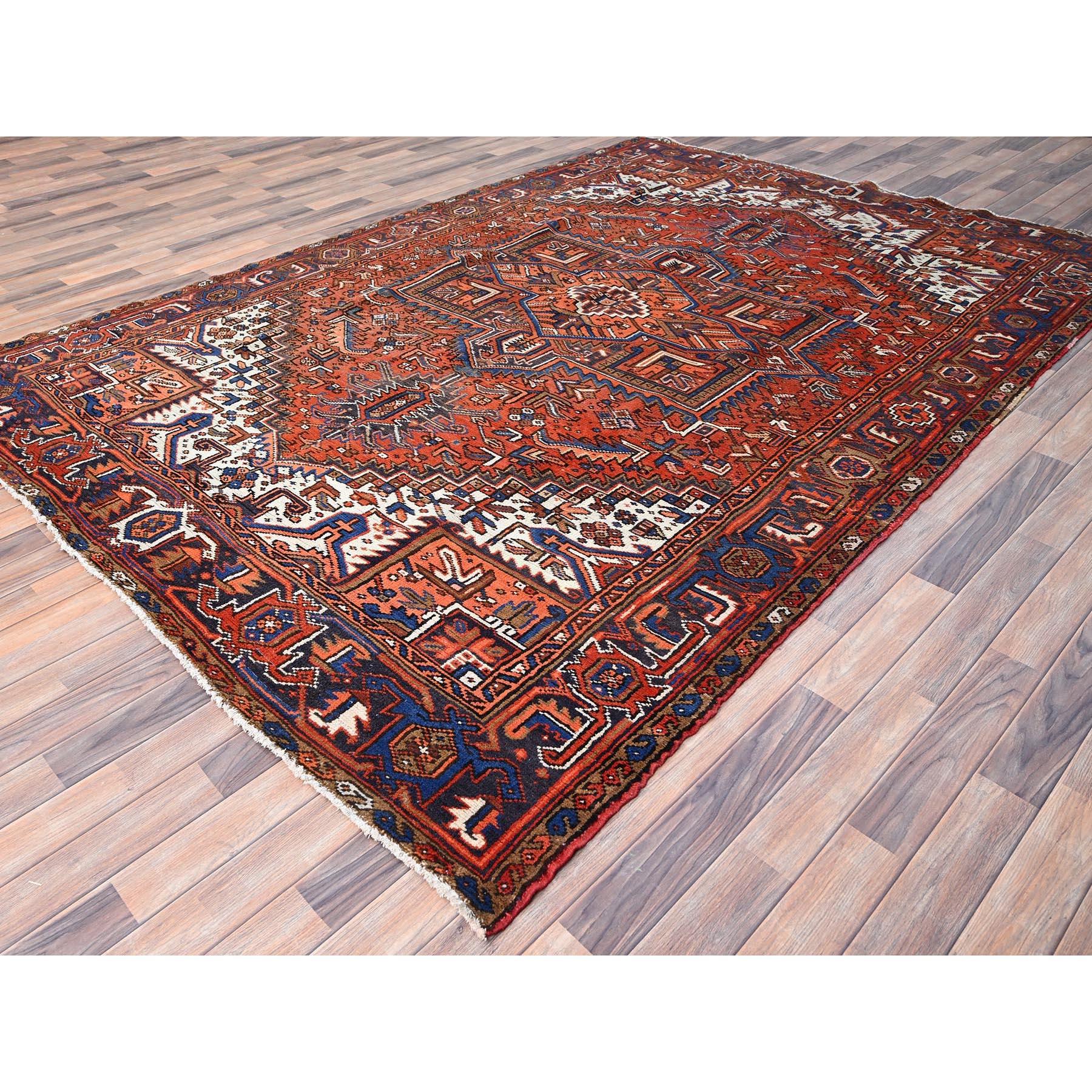 Hand-Knotted Red Hand Knotted Pure Wool Evenly Worn Vintage Persian Heriz Mint Condition Rug For Sale