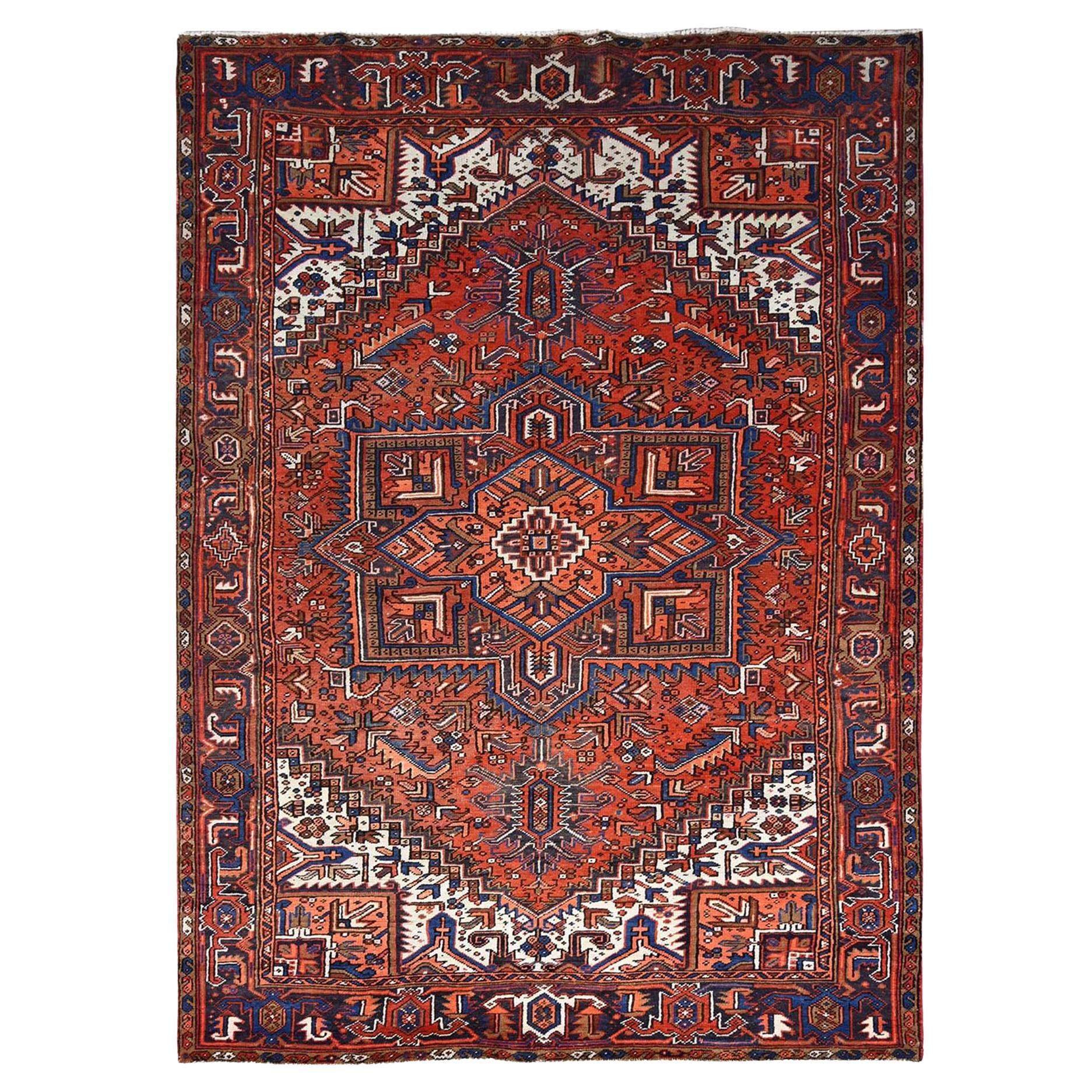 Red Hand Knotted Pure Wool Evenly Worn Vintage Persian Heriz Mint Condition Rug For Sale