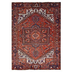 Red Hand Knotted Pure Wool Evenly Worn Vintage Persian Heriz Mint Condition Rug