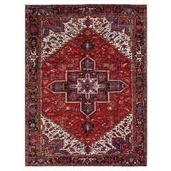 Red Hand Knotted Pure Wool Vintage Persian Heriz Good Condition Oriental Rug