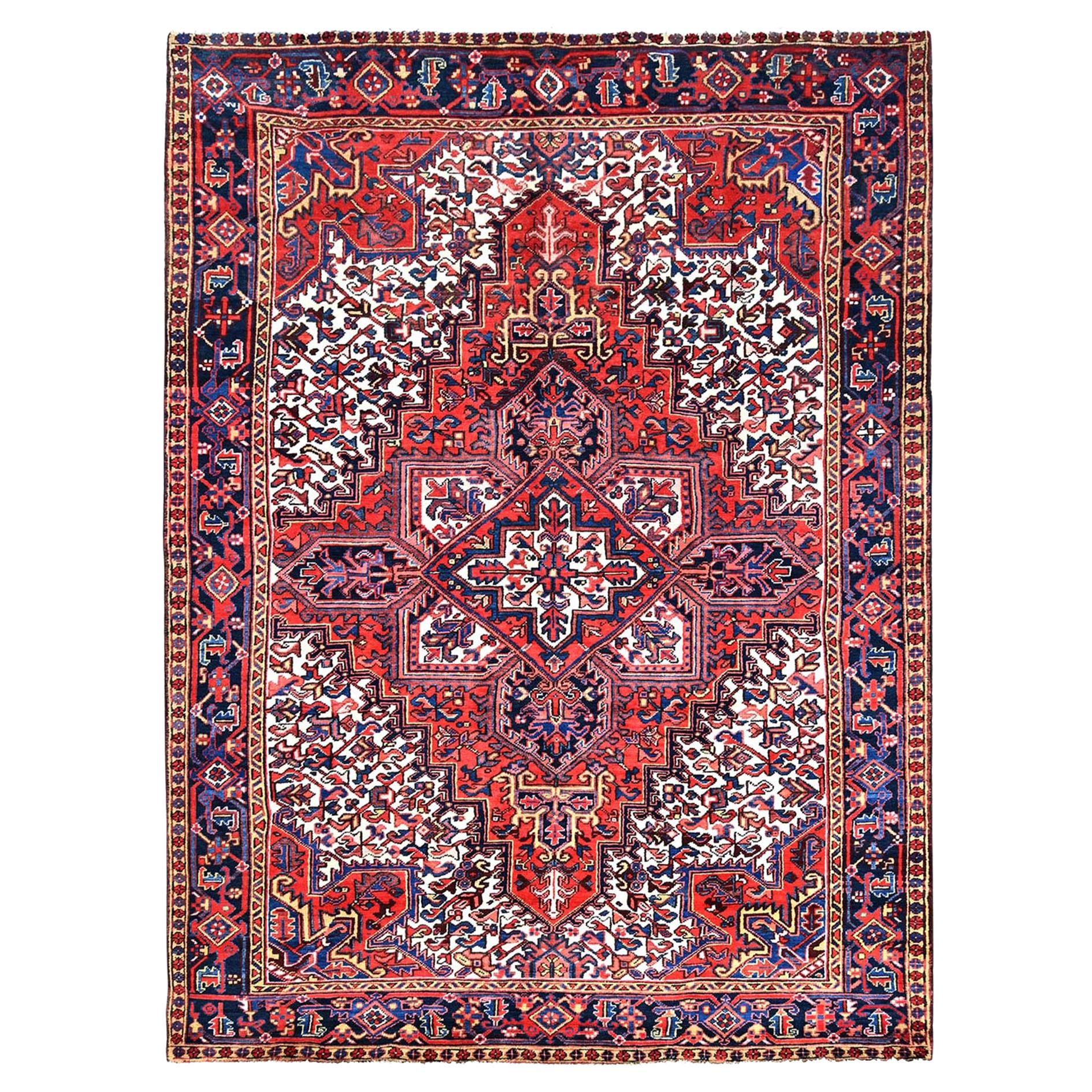 Red Hand Knotted Rustic Feel Pure Wool Clean Abrash Vintage Persian Heriz Rug For Sale
