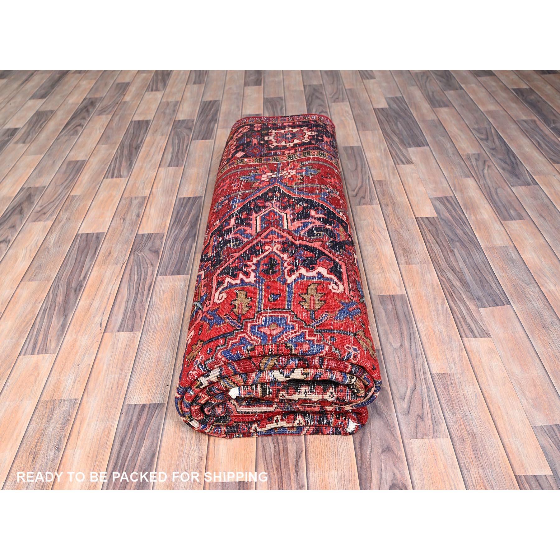 Red Hand Knotted Semi Antique Persian Heriz Good Cond Rustic Look Worn Wool Rug For Sale 5