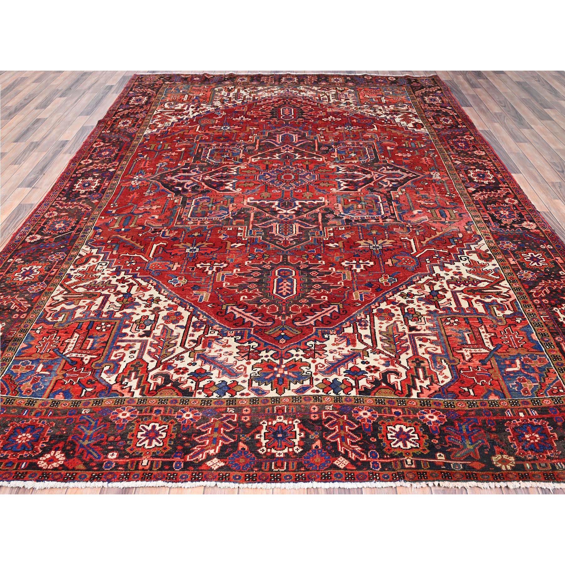 Hand-Knotted Red Hand Knotted Semi Antique Persian Heriz Good Cond Rustic Look Worn Wool Rug For Sale