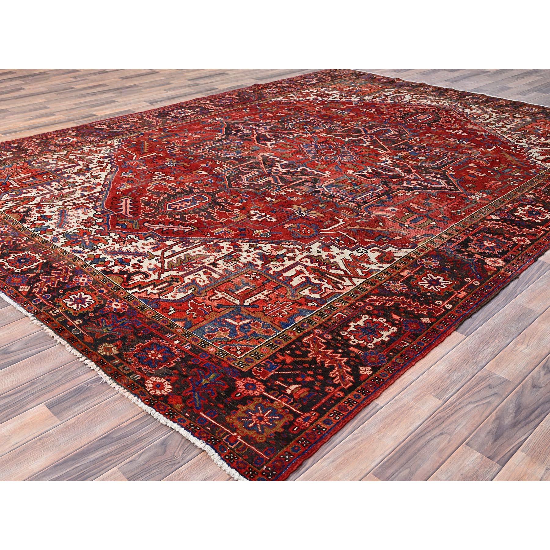 Red Hand Knotted Semi Antique Persian Heriz Good Cond Rustic Look Worn Wool Rug In Good Condition For Sale In Carlstadt, NJ