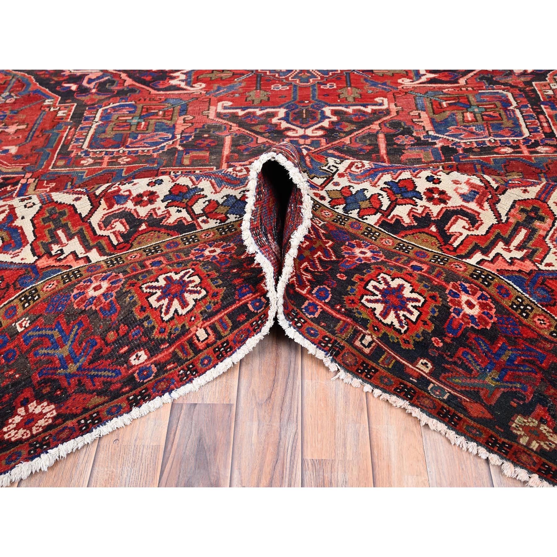 Red Hand Knotted Semi Antique Persian Heriz Good Cond Rustic Look Worn Wool Rug For Sale 1