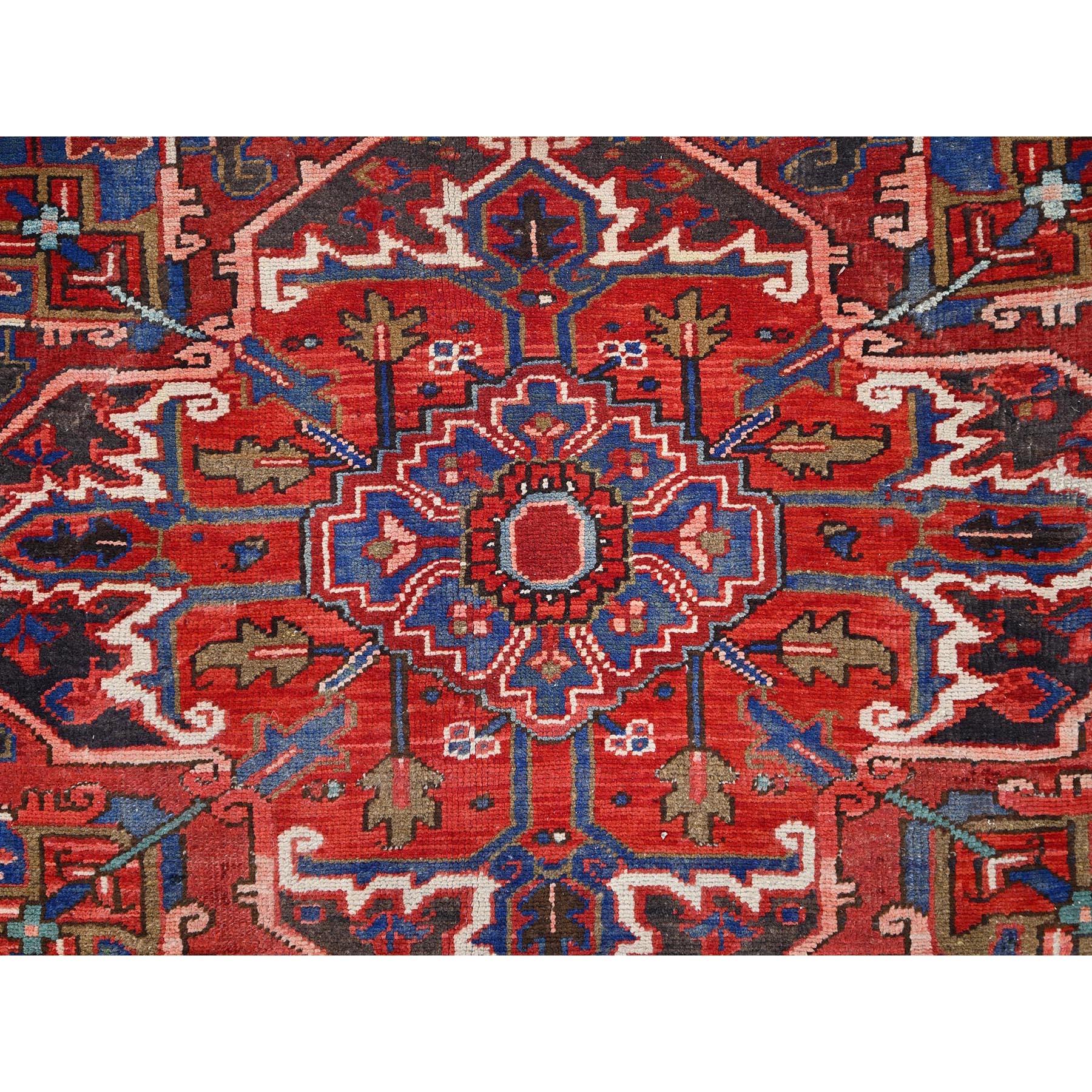Red Hand Knotted Semi Antique Persian Heriz Good Cond Rustic Look Worn Wool Rug For Sale 4