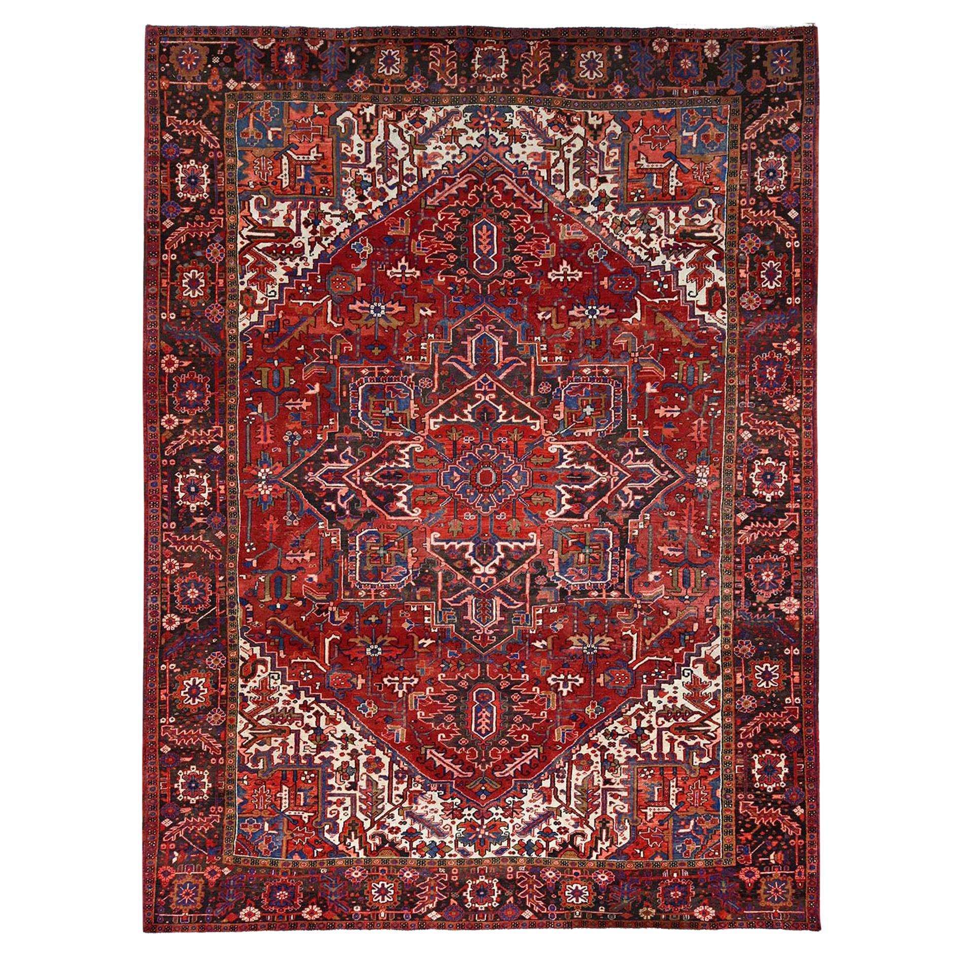 Red Hand Knotted Semi Antique Persian Heriz Good Cond Rustic Look Worn Wool Rug For Sale