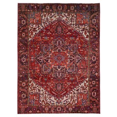 Red Hand Knotted Semi Antique Persian Heriz Good Cond Rustic Look Worn Wool Rug