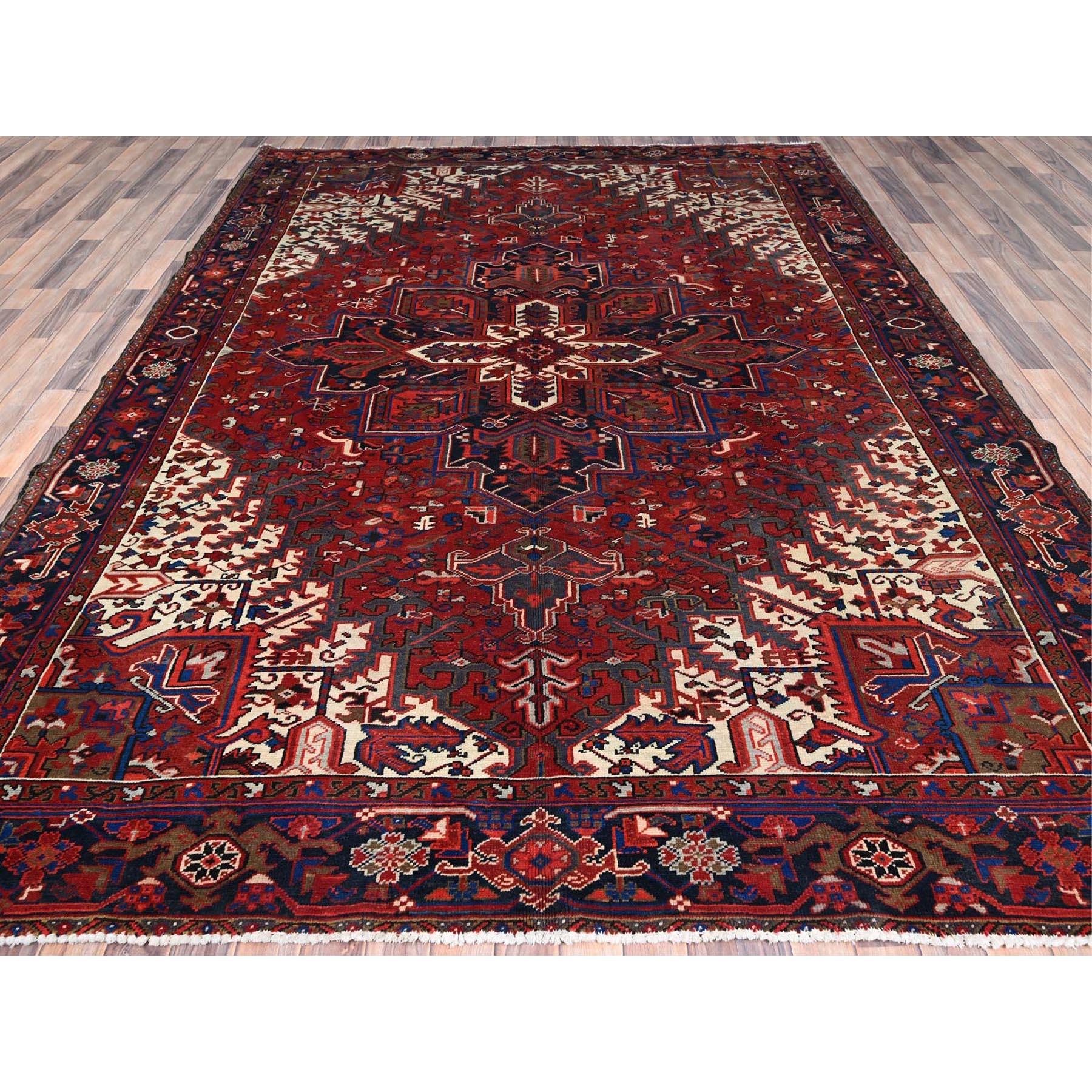 Medieval Red Hand Knotted Sides and Ends Clean Vintage Persian Heriz Lustrous Wool Rug For Sale