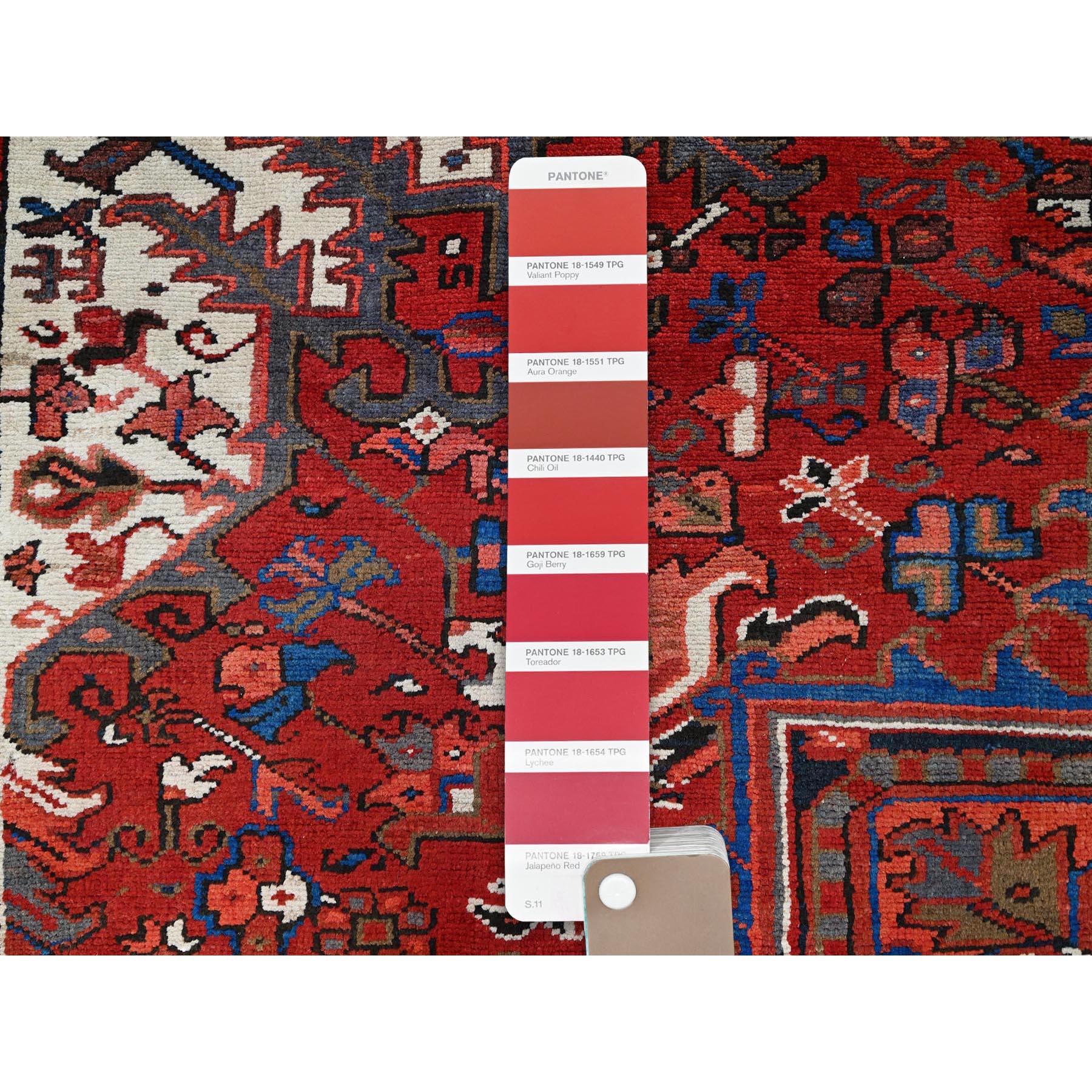 Red Hand Knotted Sides and Ends Clean Vintage Persian Heriz Lustrous Wool Rug For Sale 2