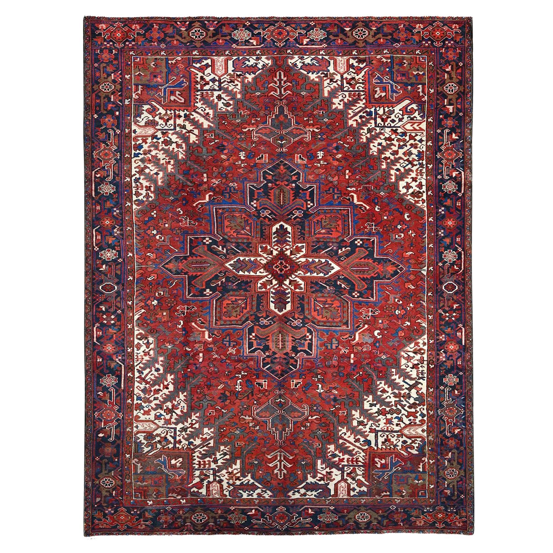 Red Hand Knotted Sides and Ends Clean Vintage Persian Heriz Lustrous Wool Rug For Sale