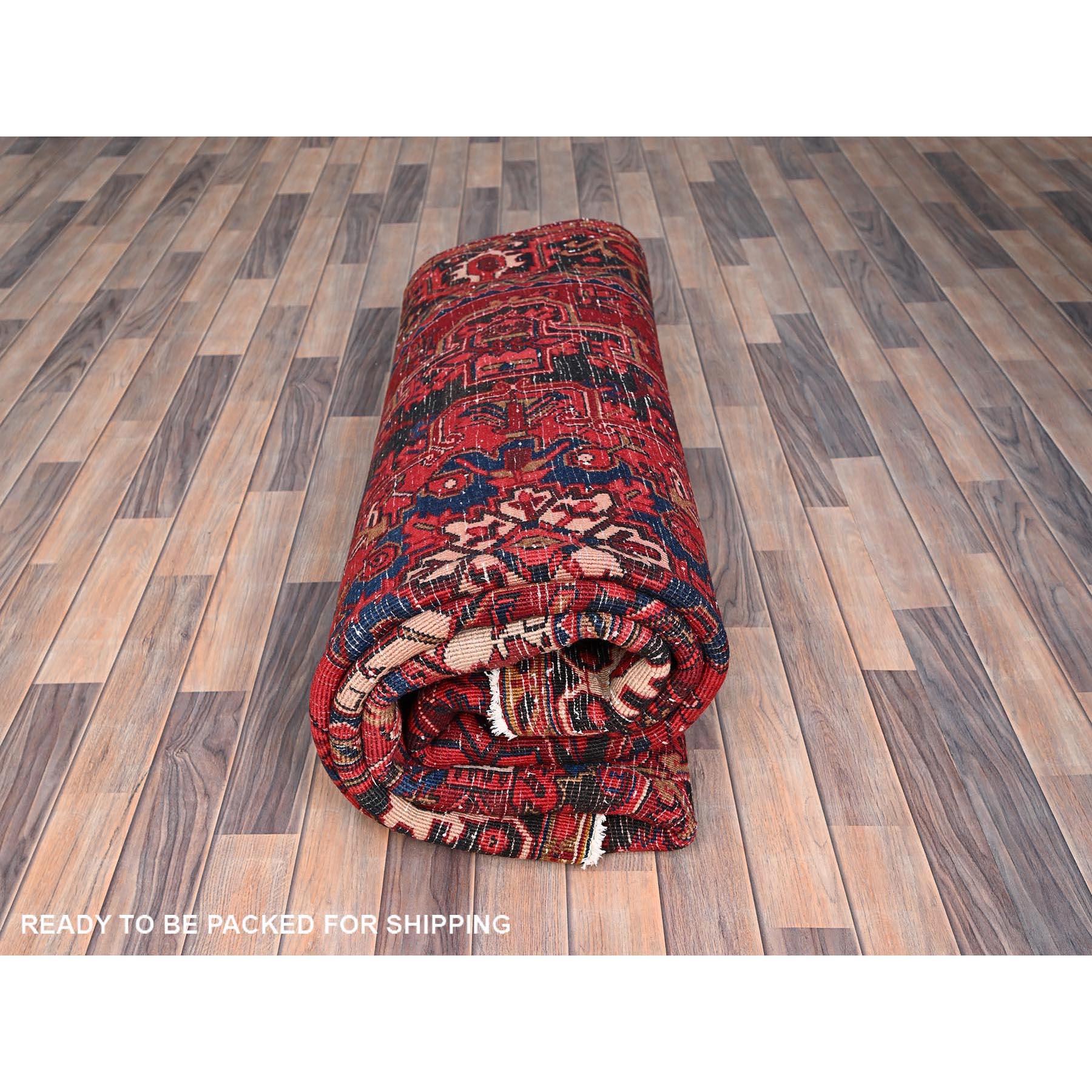 Red Hand Knotted Vintage Bohemian Persian Heriz Rustic Feel Evenly Worn Wool Rug For Sale 5
