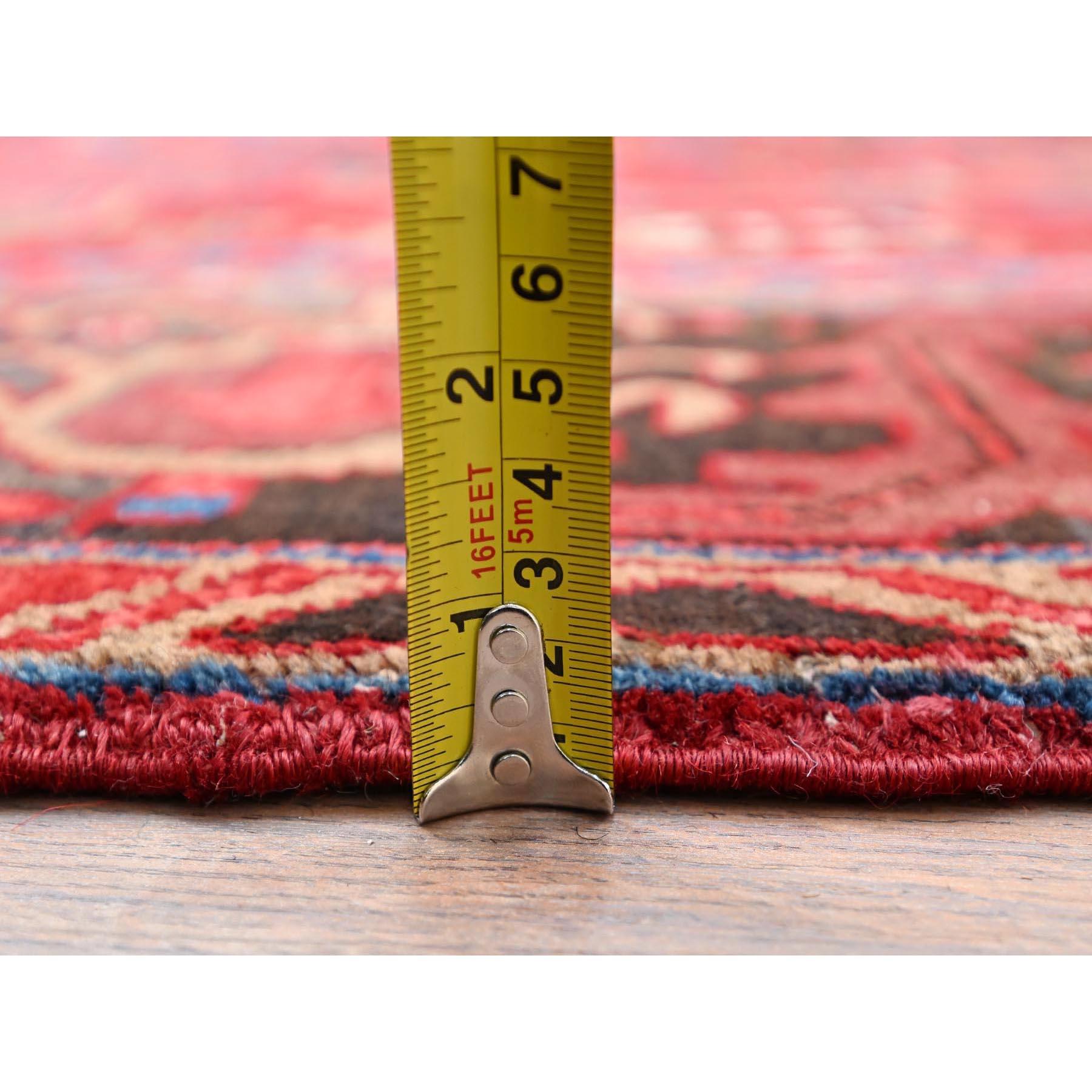 Red Hand Knotted Vintage Bohemian Persian Heriz Rustic Feel Evenly Worn Wool Rug For Sale 6
