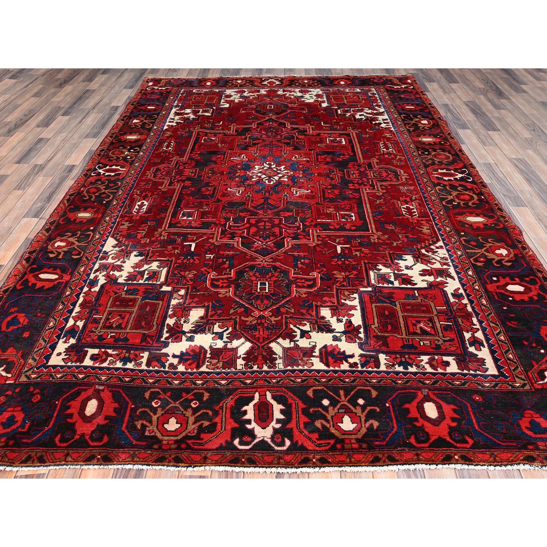Hand-Knotted Red Hand Knotted Vintage Bohemian Persian Heriz Rustic Feel Evenly Worn Wool Rug For Sale