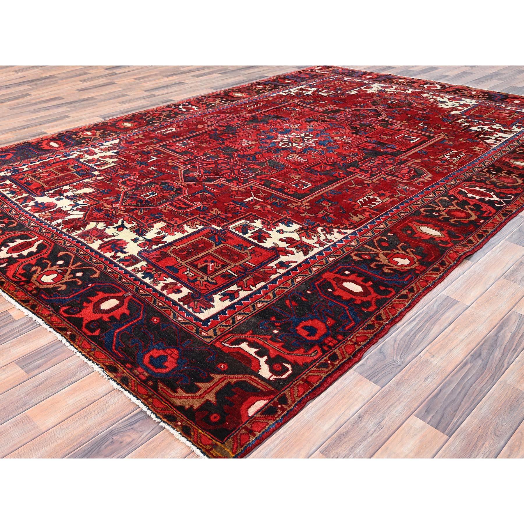 Red Hand Knotted Vintage Bohemian Persian Heriz Rustic Feel Evenly Worn Wool Rug In Good Condition For Sale In Carlstadt, NJ
