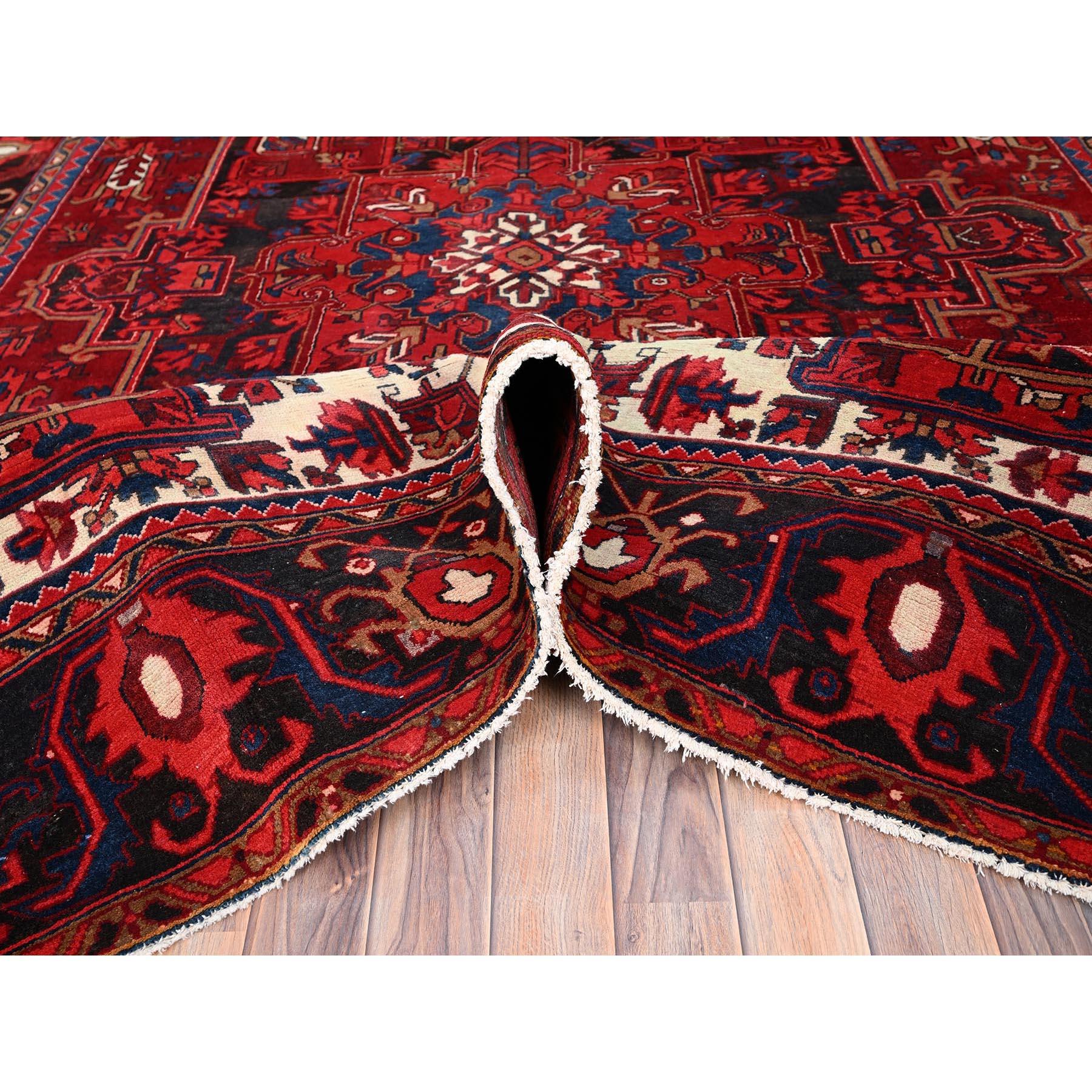 Red Hand Knotted Vintage Bohemian Persian Heriz Rustic Feel Evenly Worn Wool Rug For Sale 1
