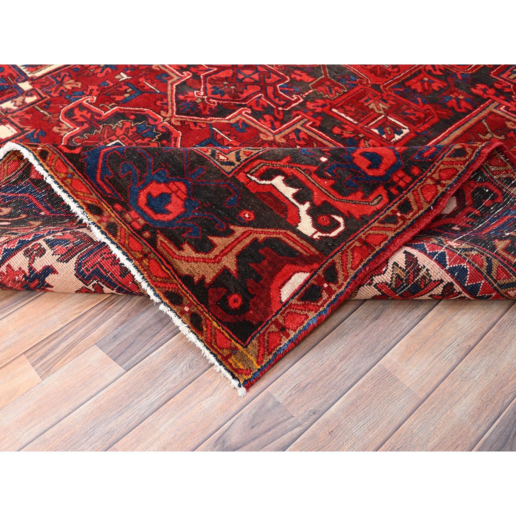 Red Hand Knotted Vintage Bohemian Persian Heriz Rustic Feel Evenly Worn Wool Rug For Sale 2