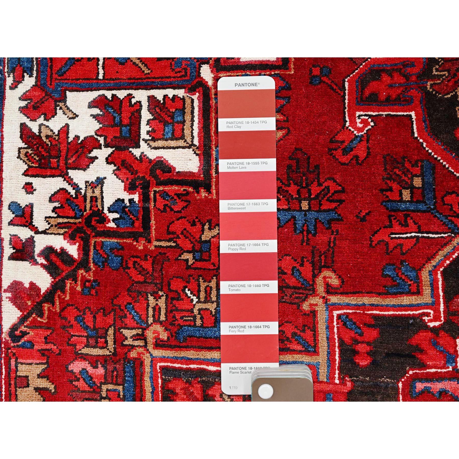 Red Hand Knotted Vintage Bohemian Persian Heriz Rustic Feel Evenly Worn Wool Rug For Sale 3