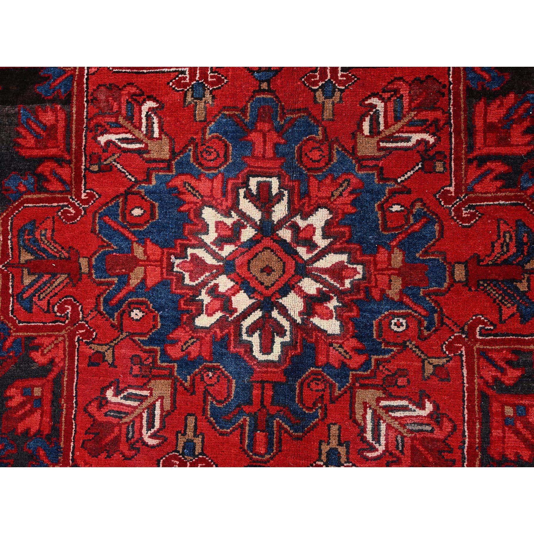 Red Hand Knotted Vintage Bohemian Persian Heriz Rustic Feel Evenly Worn Wool Rug For Sale 4