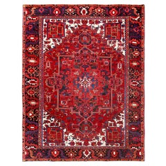 Red Hand Knotted Vintage Bohemian Persian Heriz Rustic Feel Evenly Worn Wool Rug